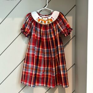 Girls Fall Plaid Dress with Scarecrows on Smocking